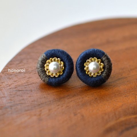 モコモコ まる イヤリング / ピアス / ノンホールピアス【navy／gray】