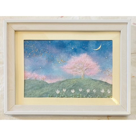 和紙ちぎり絵『三日月とピンクのふわふわの木の丘』葉書サイズ原画