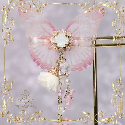 26-65cmドール 蝶々のヘアクリップ ピンク羽×ホワイトオパール