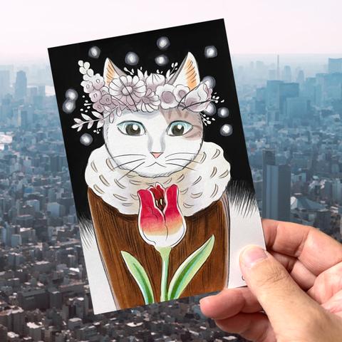 原画 猫の手描きイラスト③ 絵 イラスト 絵画 手描き アート キジトラ白 ポストカード