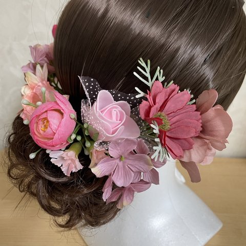 お花の髪飾り ヘアクリップ 造花 ガーランド ピンク No.16