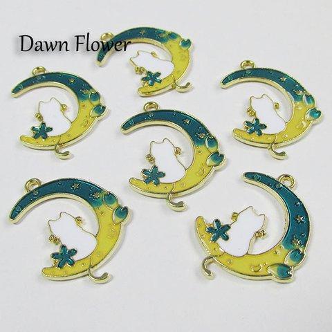 【D-0311】8pcs　月とネコ　27×20mm　グリーン　チャーム