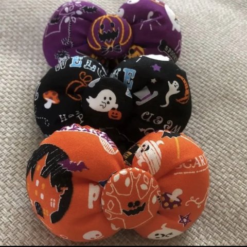 新バージョン！紫＆オレンジ＆黒ハロウィン♡リボン♡三色セット650円♡丸型リボンゴム！