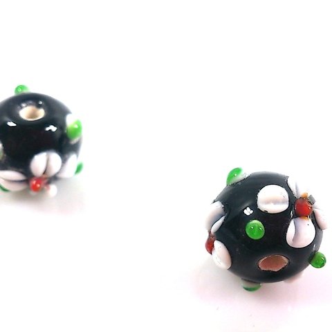 トンボ玉 とんぼ玉 直径12mm×2個 レトロ デコ花 黒色