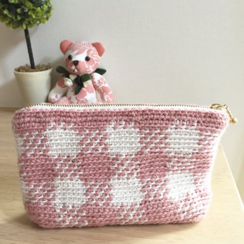 ギンガムチェックの編みポーチ⁂ピンク⁂