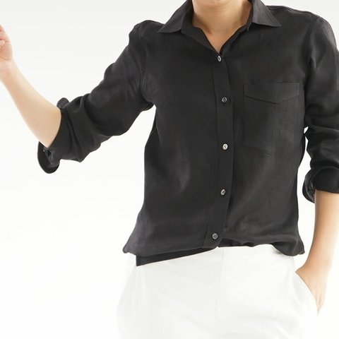 【wafu】本格仕立てリトアニアリネンシャツ やわらかい premium シャツ/ブラック t032b-bck1