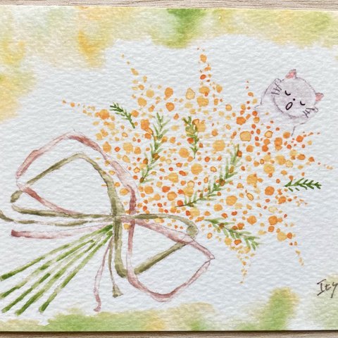 透明水彩画「うたた寝ねこちゃん」北欧イラストポストカード２枚セット　ミモザ　猫　ネコ　春　花 　