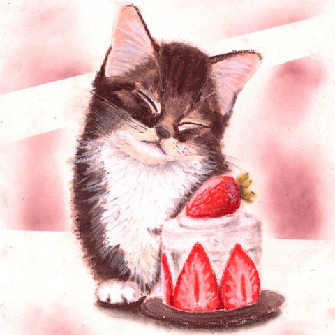 【原画】子猫と小さなイチゴケーキ