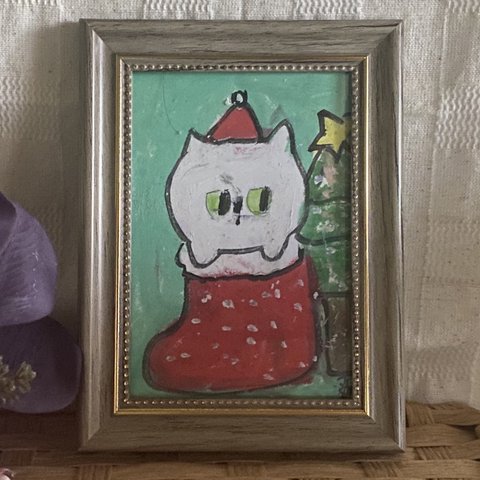 絵画。原画手描き【かわいい猫の楽しいクリスマス】01