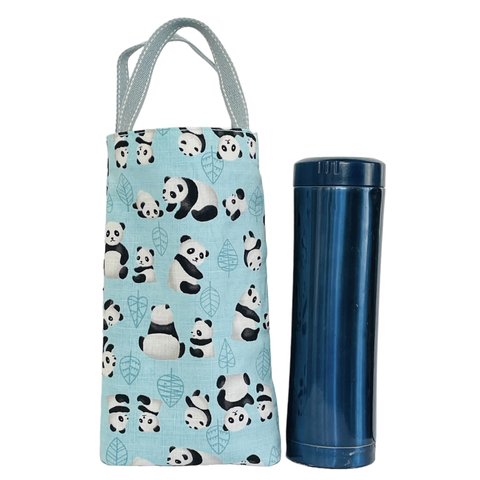 普通サイズ仲良しパンダ親子ペタンコバッグ　水筒入れ　ミントブルー隠しマチ付き　撥水加工内布　25×15.5全長35㎝以内