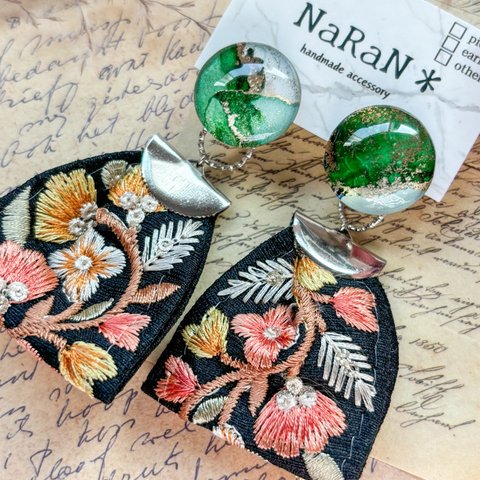 876≫アルコールインクアート【nara】2wayインド刺繍リボンタッセルピアス