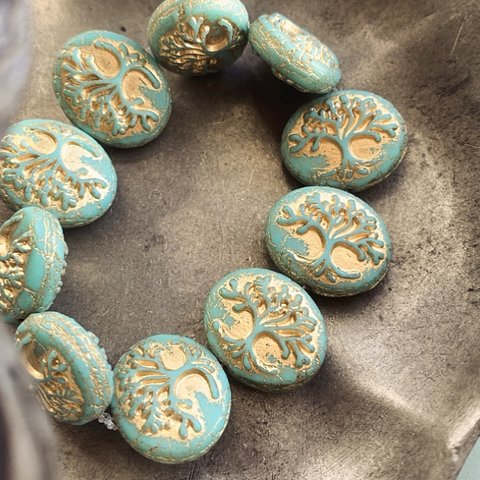 【2コセット】JIRI＊IVANA#czech beads#チェコビーズ　tree of life 生命の樹oval 18✖️14㍉　turquoise/bronze