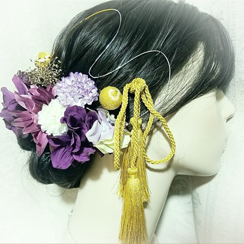 送料こみ🎵紫と金あわせの和装髪飾り