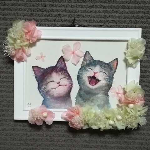 名入れ可能☆「阿吽の猫」プリザーブドフラワーと油彩☆壁掛け☆