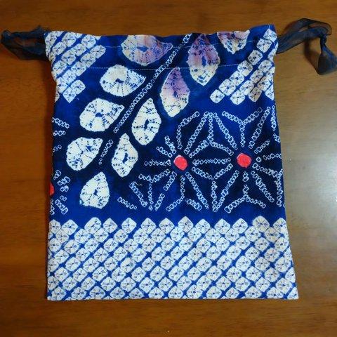 藤花柄の有松鳴海絞りの巾着  W28×H30cm Drowstring Bag