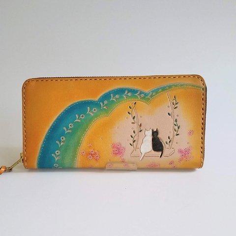 受注制作　送料無料　ブランコ猫ラウンドファスナー財布　横長財布　革製品　ねこ　セミオーダー　毛並み描きます