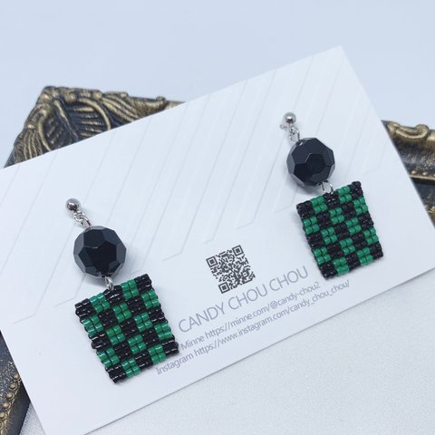 市松模様ピアス(green×black)