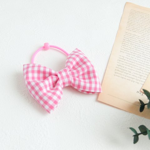 【BASIC】ギンガムチェック リボンヘアゴム　<cherry pink>　 Gingham Check  Ribbon 