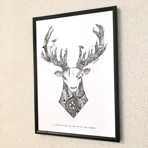 鹿　モノクロ　アートポスター　イラスト　Ａ4/B4/Ａ3サイズ
