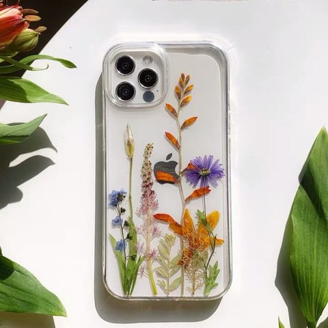 本物のお花 ドライフラワー リーフ 押し花 レトロ シンプル スマホケース 葉っぱ