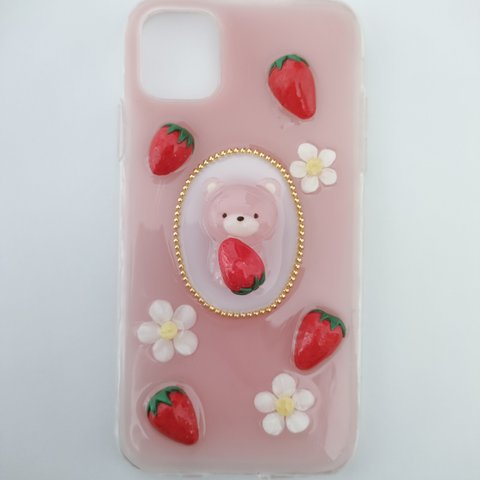 くまさんといちごのスマホケース iPhone/Android ピンク お花