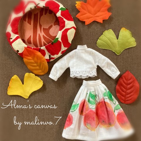 ブライスアウトフィット「アルマのキャンバス・秋」リンゴ柄のコーデ3点セットNo.1020a