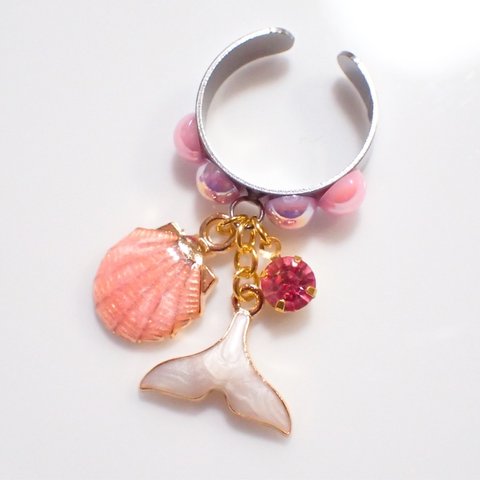 海の指輪 貝 ビジュー クジラ イルカ パール ピンク色 桃色
