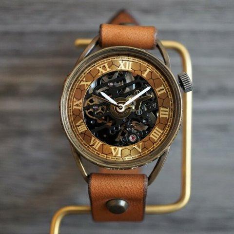 メカニックブラック　AT　Mサイズ　キャメル　 真鍮 　手作り腕時計