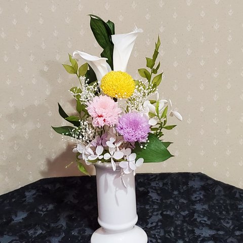 専用ケース付き仏花、プリザーブドフラワー、お供え花、優しい色合い(受注制作)