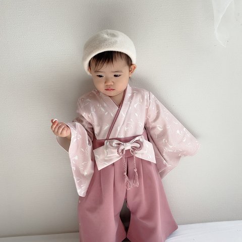 2/25まで送料無料|即納|hakama romper 　|ポピー×ピンク|袴ロンパース