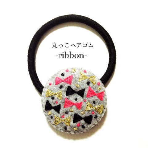 丸っこヘアゴム ribbon -pink×black-