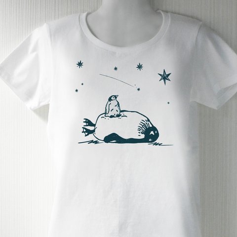 星見るペンギン 白Tシャツ（インク：インディゴ）メンズ レディース 5サイズ