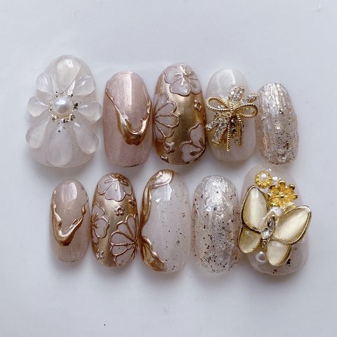 NO.１８２✳︎ beige mirror nuance nail    ネイルチップ　ブラウンネイル　成人式ネイル　振袖ネイル　和柄ネイル　ブライダルネイル　韓国　ブラウン　ベージュ　ミラーネイル