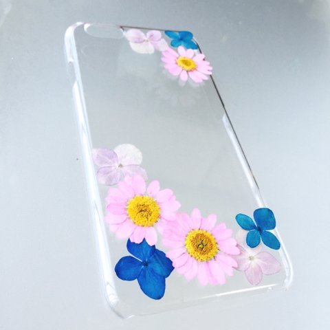 iPhone6ケース 押し花  コーナー ピンク/ブルー