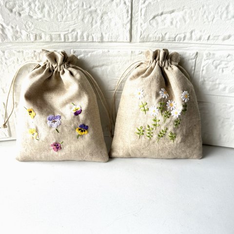 やわらかリネン刺繍巾着