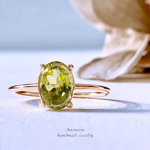 宝石質ペリドットsilver925製リング18kgp 8×6mm 13号 8月誕生石 Peridot ring