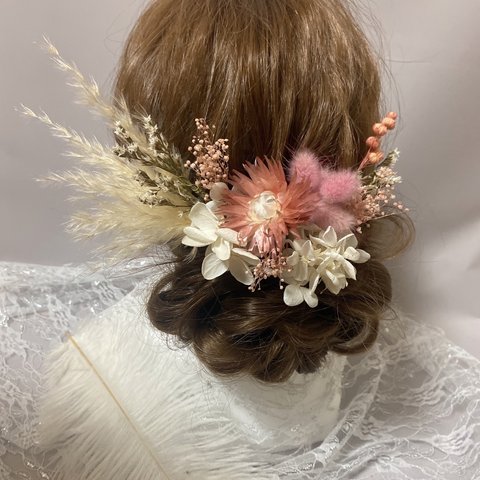 ピンクベージュ　ヘアパーツ　結婚式　前撮り　和装　ヘアアクセサリー