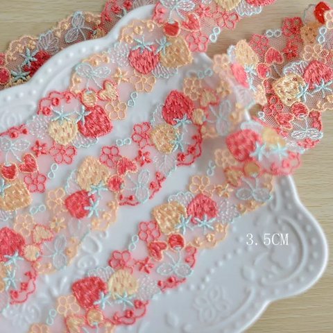 苺 いちご 春 刺繍レース チロリアンテープ さくらんぼ ハート手芸 布 はぎれ オレンジ チュールレース ストロベリー