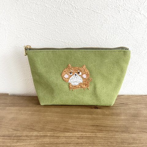 帆布　刺繍　ポーチ　犬　わんちゃん