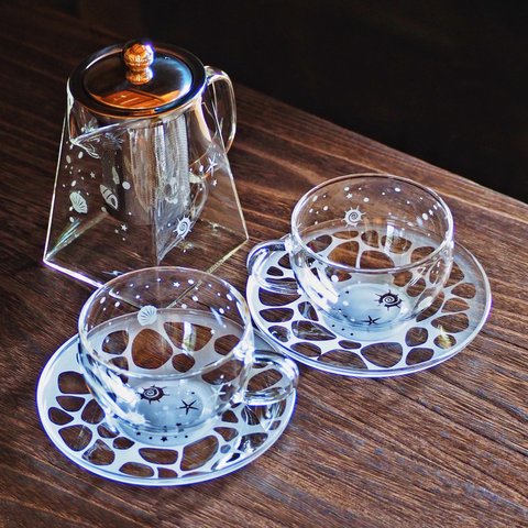 【ティーセット3点】貝殻 シェル ガラスティーカップ＆ソーサー2個＋ティーポットスクエアタイプ 1個