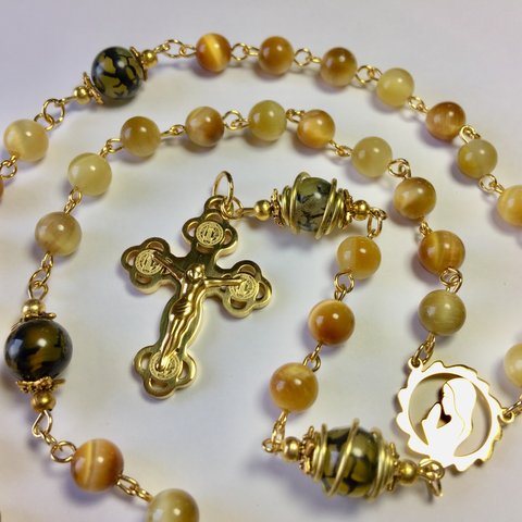 ロザリオ【１点物】(63)タイガーアイ＆ドラゴンアゲート パワーストーンRosary,Catholic,PrayerBeads, HolyRosary,Healing,RelaxingGemstone