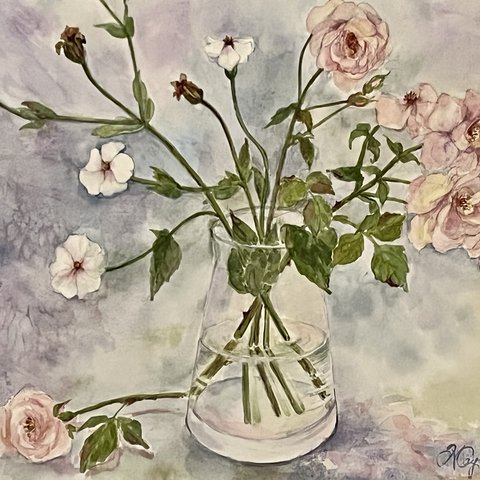 庭の薔薇　水彩画　原画