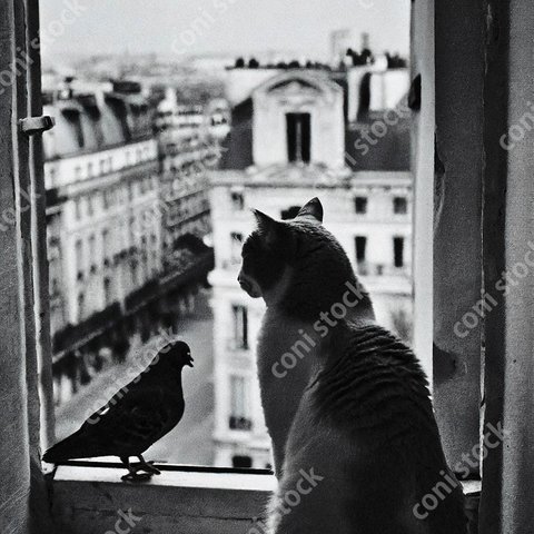 パリの街の景色をイメージ、猫と鳩が雑談、レトロ、モノクロ、アート、古びた写真　conistock_50225_02