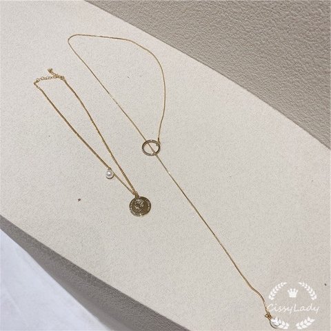 金メッキ　プレートとパール　長め　ネックレスセット