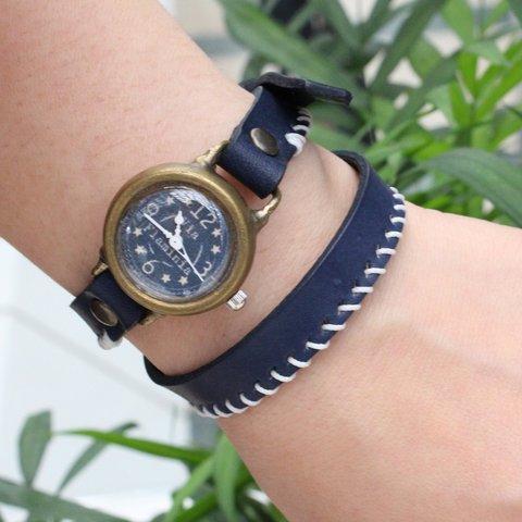 手作り腕時計　Via Flaminia(Blue & Navy Blue 2重巻きベルト)  --- アンティークでシンプルな男性、女性兼用腕時計。ベルトは牛革を使用。