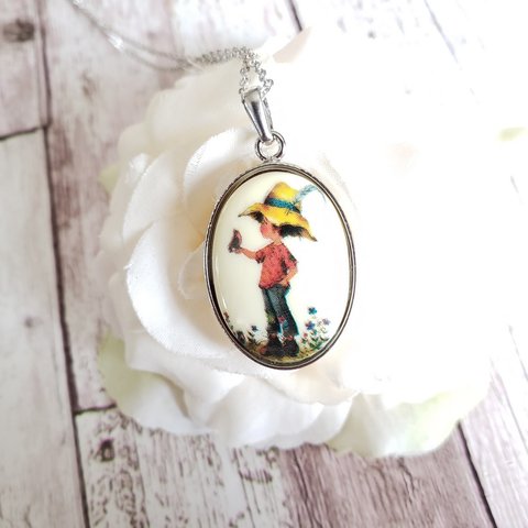 【再販】vintage★Holly Hobbieのネックレス＜boy with bird＞シルバー