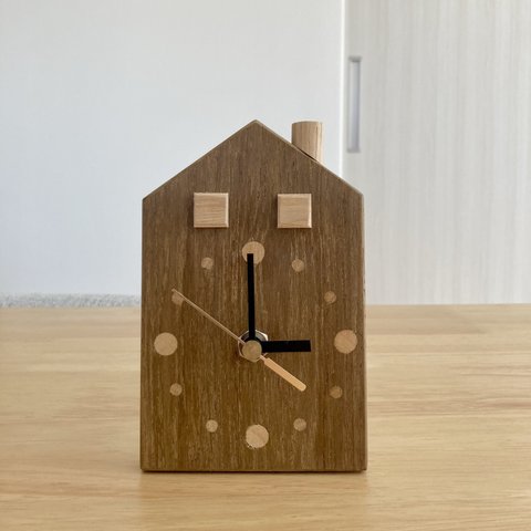 置き時計　掛け時計　家型　チーク　タモ