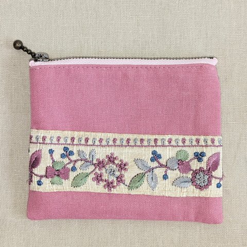 インド刺繍　あじさい　フラットポーチ（13Χ10_ピンク)