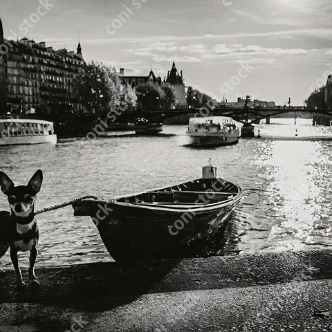 パリのセーヌ川をイメージ、犬、チワワ、船、古びた写真、レトロ、モノクロ、アート　conistock_17124