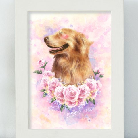 うちの子似顔絵☆ピンクローズ(薔薇)のリース (犬 猫 ペット似顔絵 手元供養 )